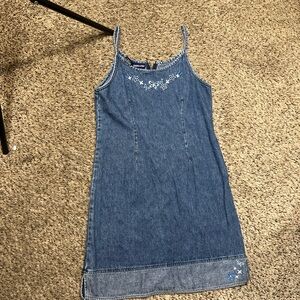 Blue Denim Dress with Floral Embroidery